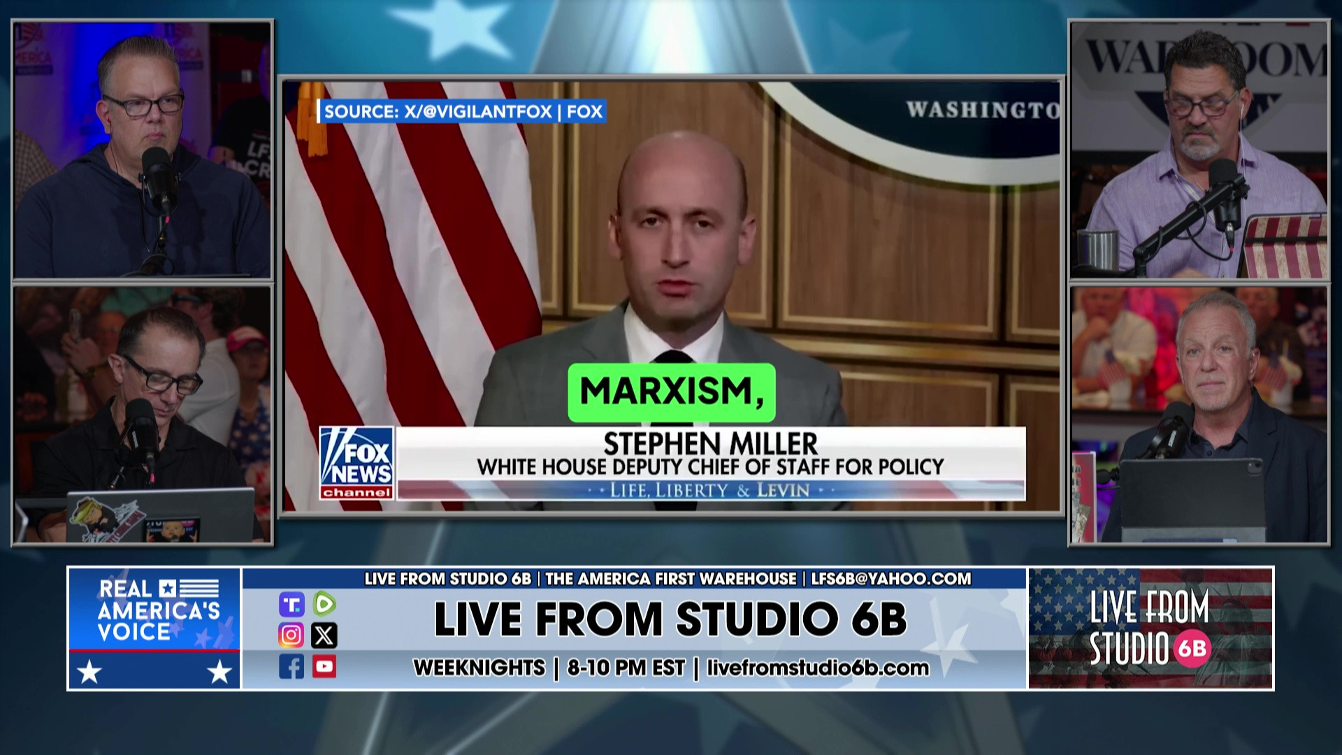 7-18-25 4 - KDJ and audience, Stephen Miller on the left, Vin talks taking control