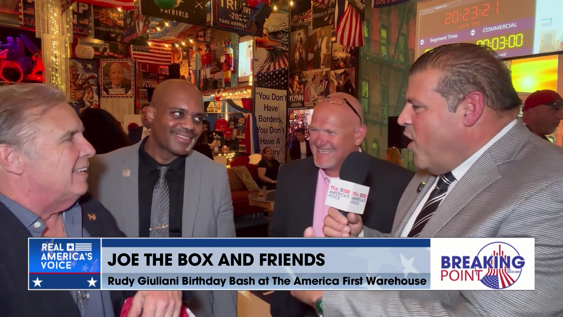 BP 6-6-26 A - David speaks with guests of Rudy Giuliani Birthday Bash at The America First Warehouse